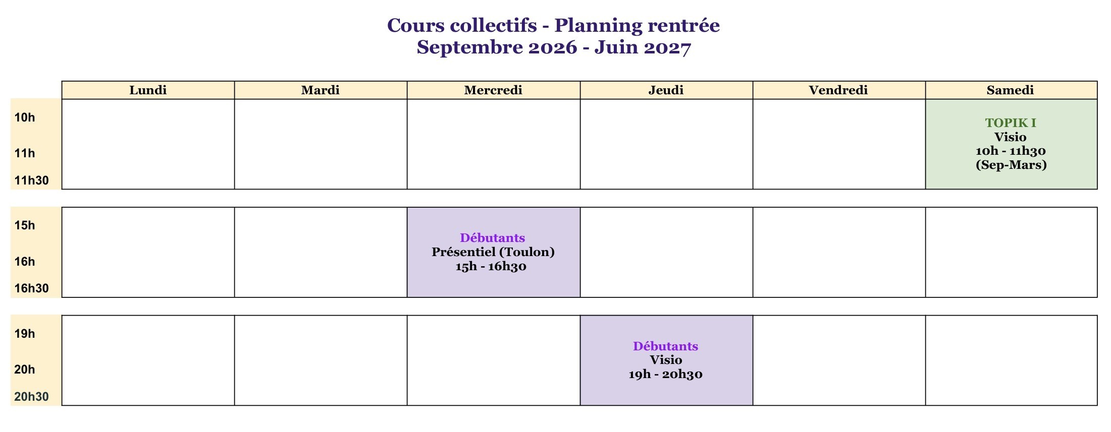 Planning des cours